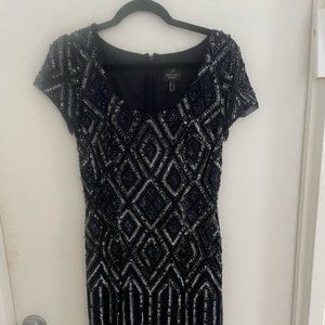 Navy Adrianna Papell V Neck Short Sleeve Beaded Mesh Mini Dress Size 6